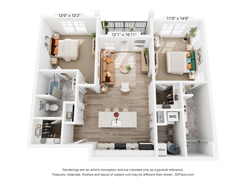 Floor plan for 2 beds, 2 baths, 1034 sqft